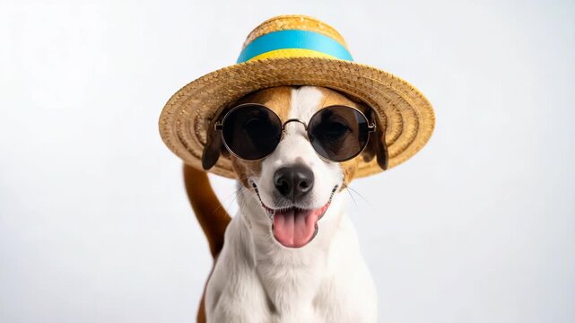 Happy dog wearing sunglasses and straw hat with blue and yellow band