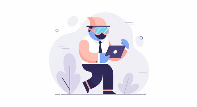 Person with VR headset and laptop walks in abstract environment