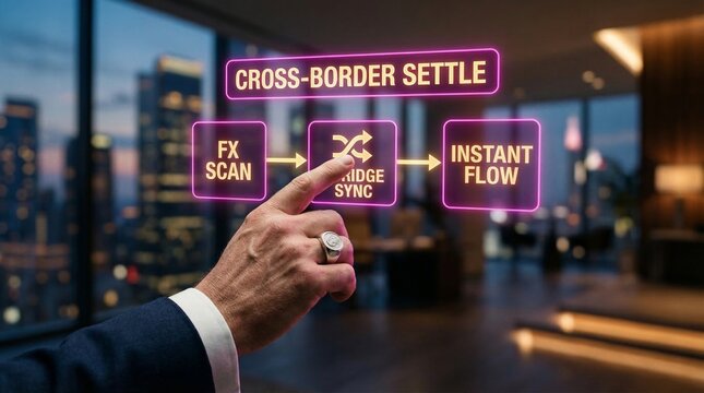 Businessman interacting with unified ledger-flow digital interface in modern office