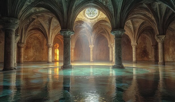 Ancient stone cistern with a circular pool, surrounded by vaulted arches and columns, bathed in warm light and calm reflections on blue-green water