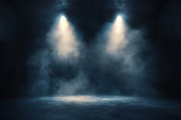Obraz premium Empty dark concrete room with two overhead spotlights cutting through fog and misty light beams, dramatic moody atmosphere evoking solitude and tense anticipation