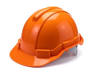 Fototapeta premium Close-up of a hard hat, vibrant orange, against a plain white backdrop. The protective gear is glossy and clean