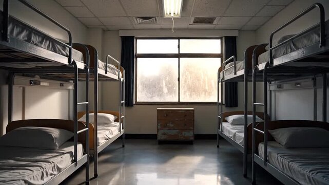 Empty dormitory room with bunk beds, window, and old dresser