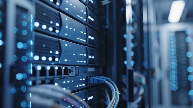 Server data center and networking equipment in a modern IT infrastructure for cloud computing cybersecurity and digital transformation with technician monitoring systems and troubleshooting network