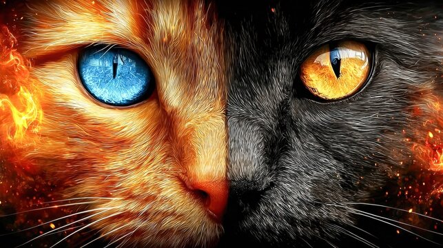 Dual-faced cat with contrasting eyes and fiery elements, a captivating digital artwork.