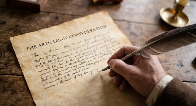 Hand writing Articles of Confederation with quill pen historical scene