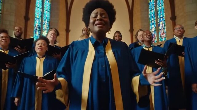Black Christian Gospel Singers in Church Clapping and Stomping, Praising Lord Jesus Christ. Song Spreads Harmony Joy and Faith. Energetic Choir Sharing the Message of Christianity with Uplifting Music