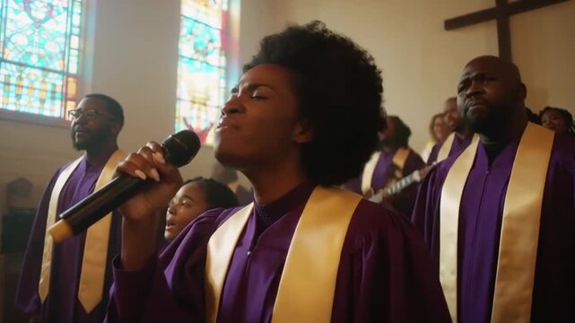 Black Christian Gospel Singers in Church Clapping and Stomping, Praising Lord Jesus Christ. Song Spreads Harmony Joy and Faith. Energetic Choir Sharing the Message of Christianity with Uplifting Music