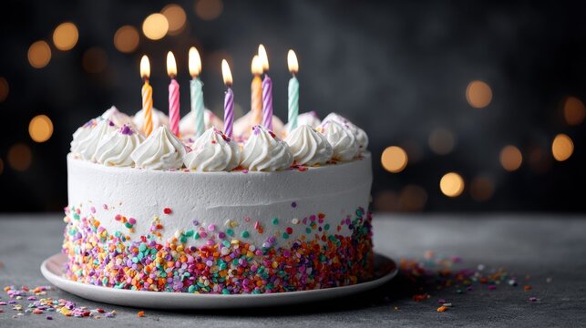 Birthday cake with lit candles and colorful sprinkles on a dark background.