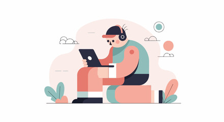 Fototapeta premium Person wearing headphones using a laptop, seated on the ground