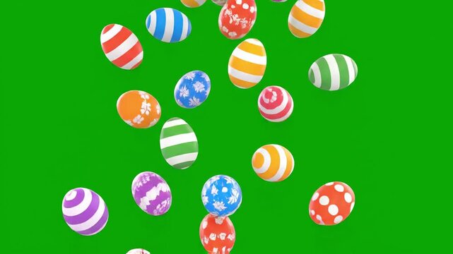 Colorful Easter eggs falling on empty green screen. Decorated eggs falling and stacking to create a festive background. Looping animation on green background. Perfect for Easter projects, holiday prom