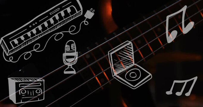 Guitarist hand entering plucking strings and moving orange glow with static white doodles for music