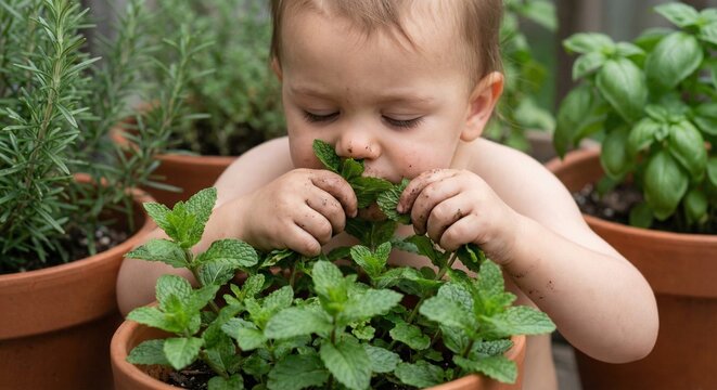 Close up of toddler smelling and touching fresh green mint leaves in terracotta herb garden pots.