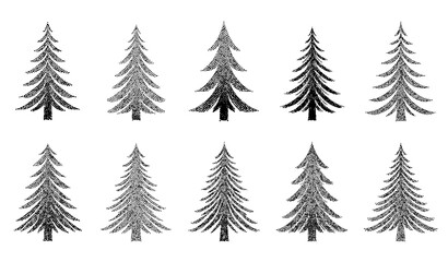 Obraz premium Minimal stipple halftone Christmas fir tree icons made of dots vector winter holiday design set isolated on white