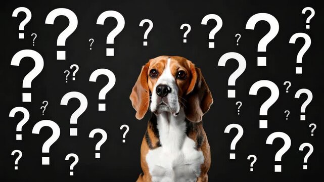 Beagle Dog Surrounded by Question Marks Concept of Uncertainty Confusion and Pondering