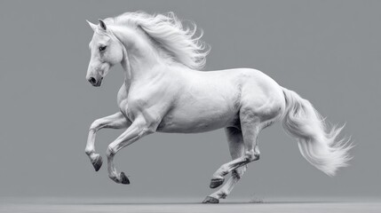 Naklejka premium Elegant white horse in motion against a soft gray background