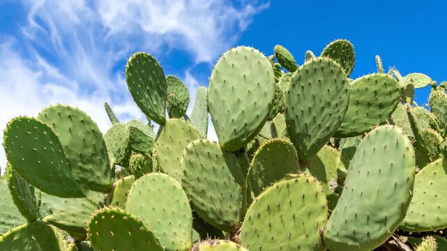 Green prickly pear cactus pads against a bright blue sky with wispy clouds
