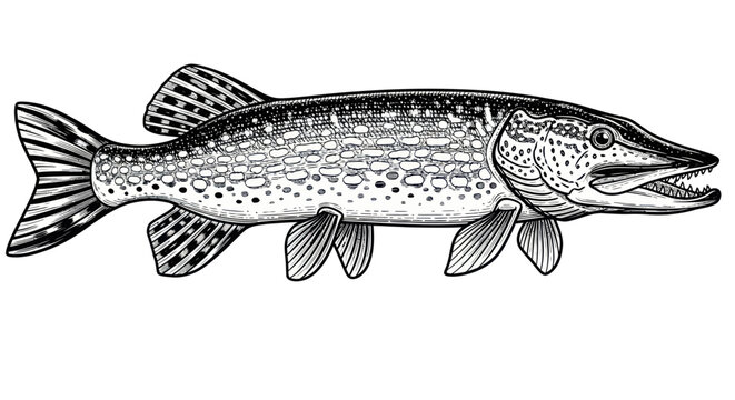 Pike Fish Illustration, Realistic Drawing, Aquatic Predator, White Background