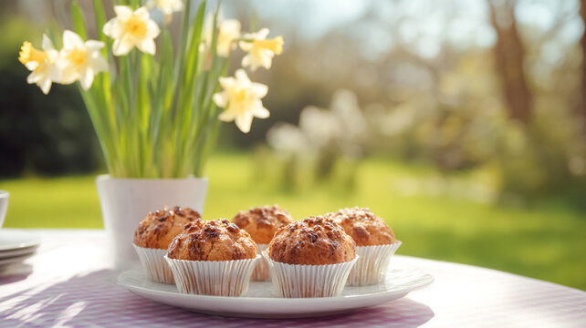 Muffins on a plate with daffodils, enjoying an outdoor spring breakfast in a sunny garden setting