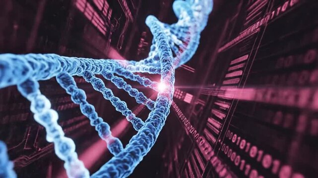 Futuristic Digital Representation of DNA Structure With Binary Code and Scientific Data in a Glowing Visualization