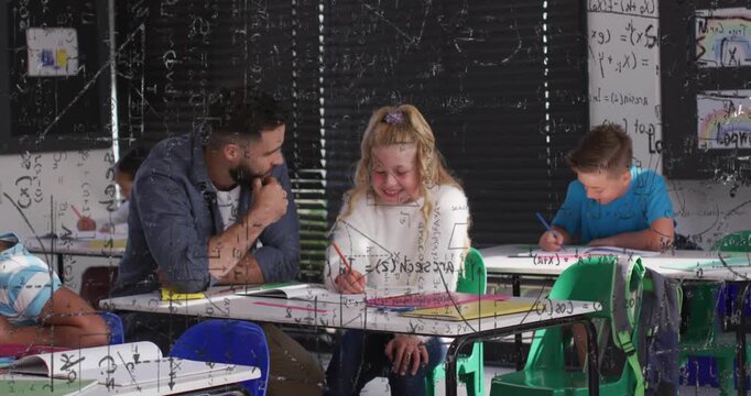 Teacher leaning in as center student starting work, guiding writing while math overlay drifting