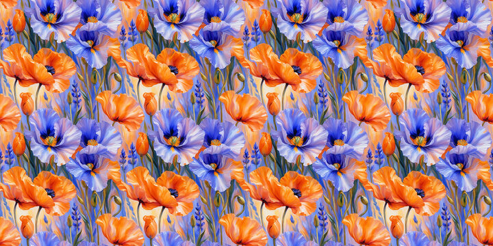 Enchanting seamless floral impressionist design featuring vibrant orange poppies, purple irises, loose painterly details and flowing garden composition.