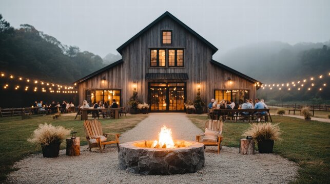 Rustic barn wedding reception with a cozy fire pit at dusk.
