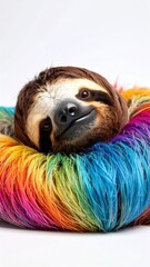 Fototapeta premium Happy Sloth Relaxing in Colorful Fuzzy Rainbow Fur Blanket