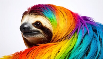 Fototapeta premium Colorful Sloth with Vibrant Rainbow-Furred Coat Against White Background