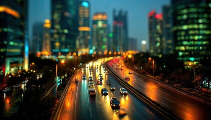 Obraz premium Vibrant Cityscape at Night with Traffic Flow and Illuminated Skyscrapers.