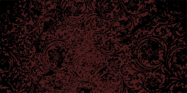 Seamless red floral pattern with vintage damask ornaments and black leaf textures creates a luxury antique fabric design for retro wallpaper backdrops