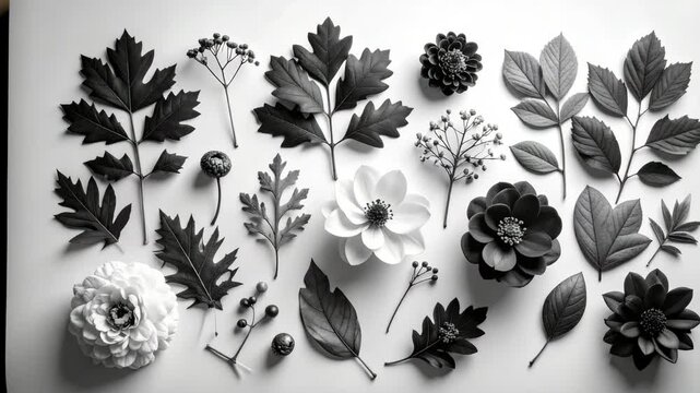 Monochromatic Botanical Collection Delicate Leaves and Flowers Arranged Artfully