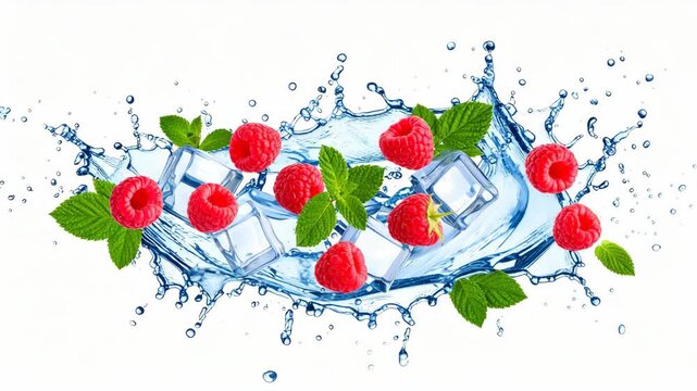 Fresh raspberries and ice cubes splashing into clear water with mint leaves