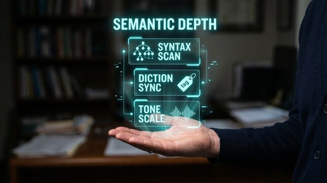 Man presenting semantic depth concepts including syntax scan, diction sync, and tone scale