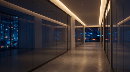Obraz premium Modern Glass Office Corridor with City Lights at Night