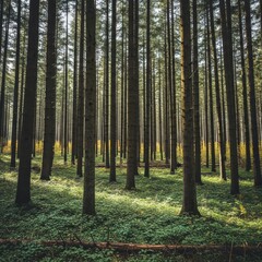 Fototapeta premium Sunlight filtering through the dense canopy of a coniferous forest.