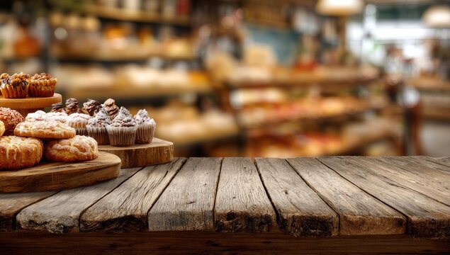 Delicious Baked Goods Displayed on Rustic Wooden Table in Bakery.