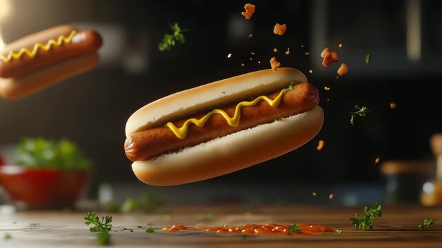 Hot dogs topped with mustard are floating above a table with fresh herbs and sauce in a kitchen setting