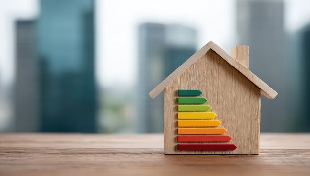 Eco-friendly house model with energy efficiency rating scale.