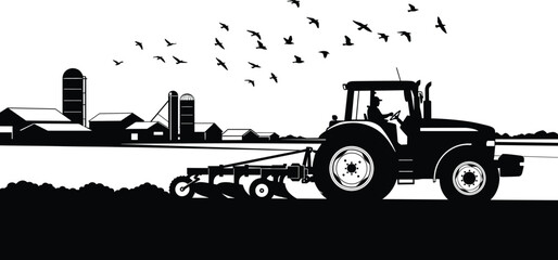 Farm tractor plowing agricultural field near rural barn and silos with flying birds, farming landscape and agriculture industry illustration © Dulal Creatives