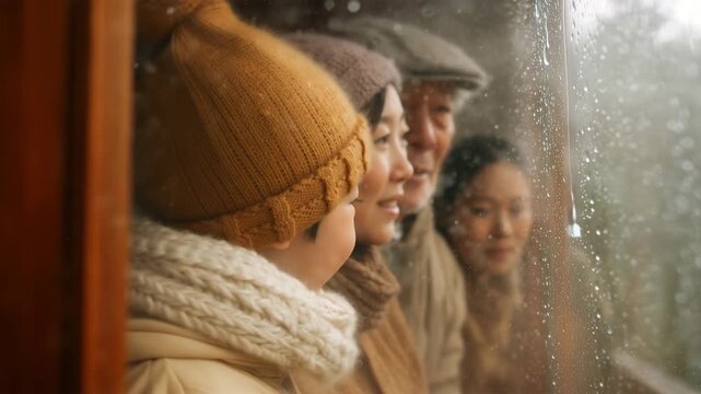 クリスマスに祖父母と孫が覗き込む