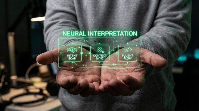 Person demonstrating neural interpretation technology with intent scan, context sync, and fluent flow