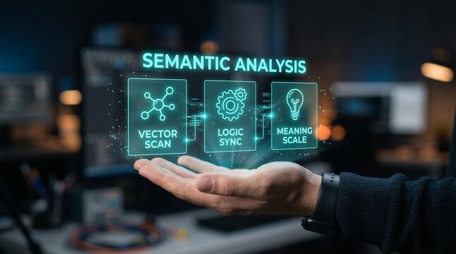 Hand holding semantic analysis icons for vector scan, logic sync, and meaning scale
