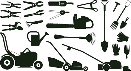 Garden tools silhouettes set, lawn mower chainsaw rake shovel pruning shears watering can gardening equipment collection vector illustration © Sarjina's World