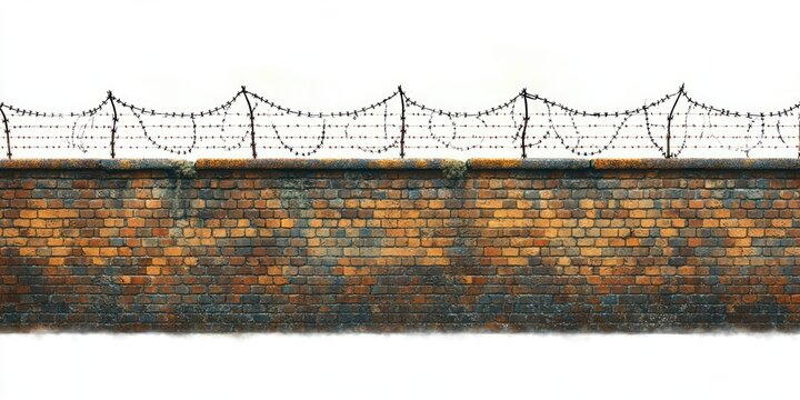 weathered brick wall topped with coiled barbed wire, rust and moss, isolated on white background, a forbidding barrier suggesting confinement and tension
