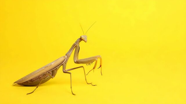 Detailed close-up of a brown praying mantis with its forelegs raised on a bright yellow background