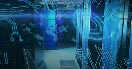 Glowing server racks lining raised-floor aisle, with perforated grates, cable trays, blue HUD