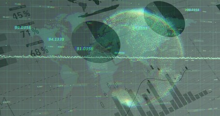 Fototapeta premium Showing translucent globe overlapping grid dashboard, with numeric labels and candlestick charts