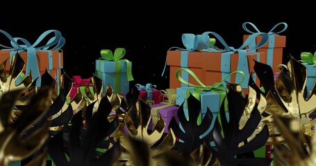 Displaying vivid wrapped gift boxes stacking in studio, with metal leaf sculptures and bows