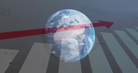 Fototapeta premium Rising rendered Earth globe reacting to red arrow in bar chart, indicating global growth trend